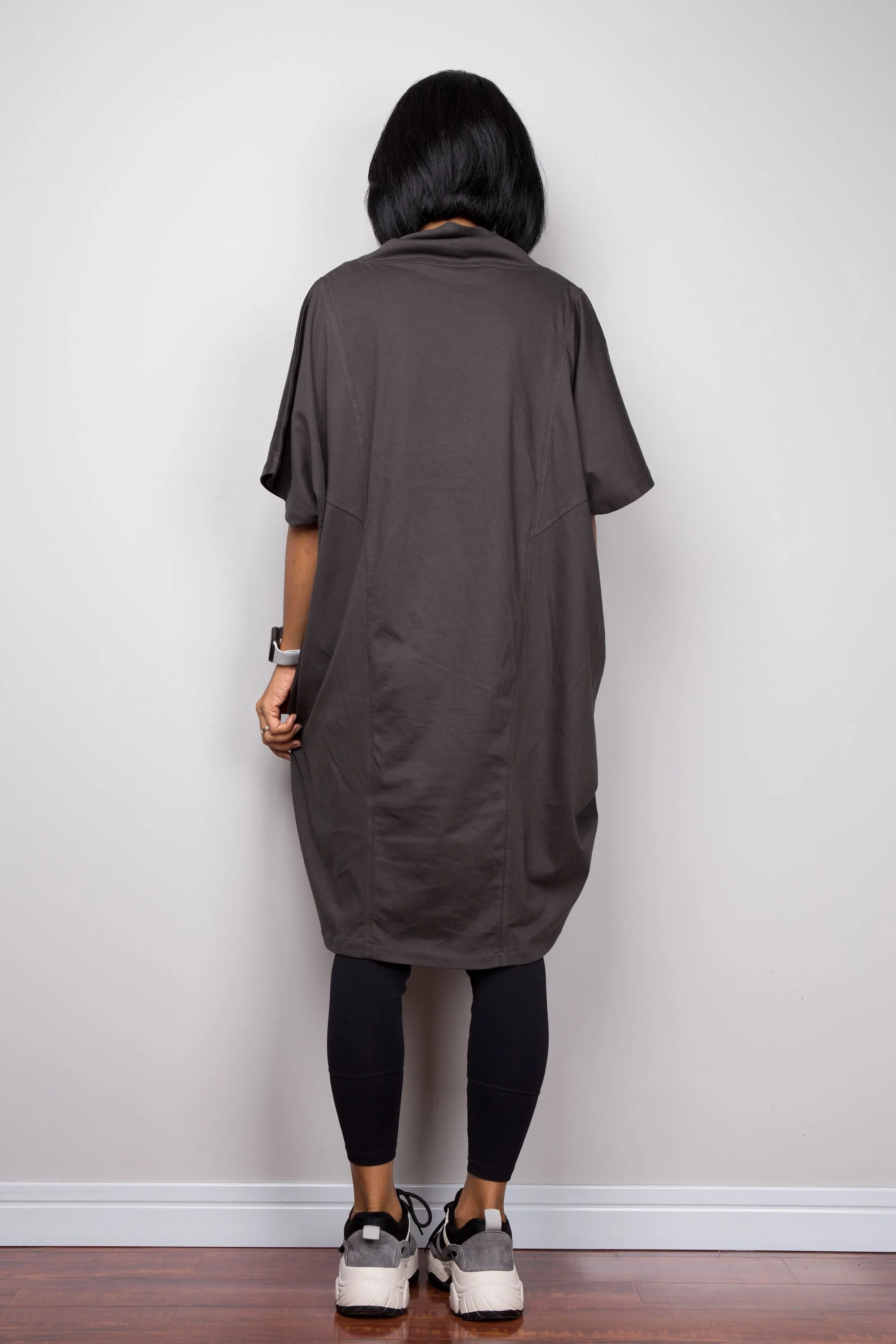 Dark grey pullover tunic dress with cowl neck