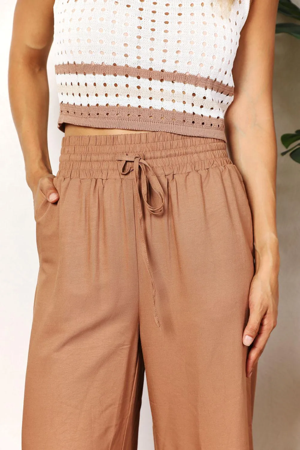 Double Take Drawstring Smocked Waist Wide Leg Pants