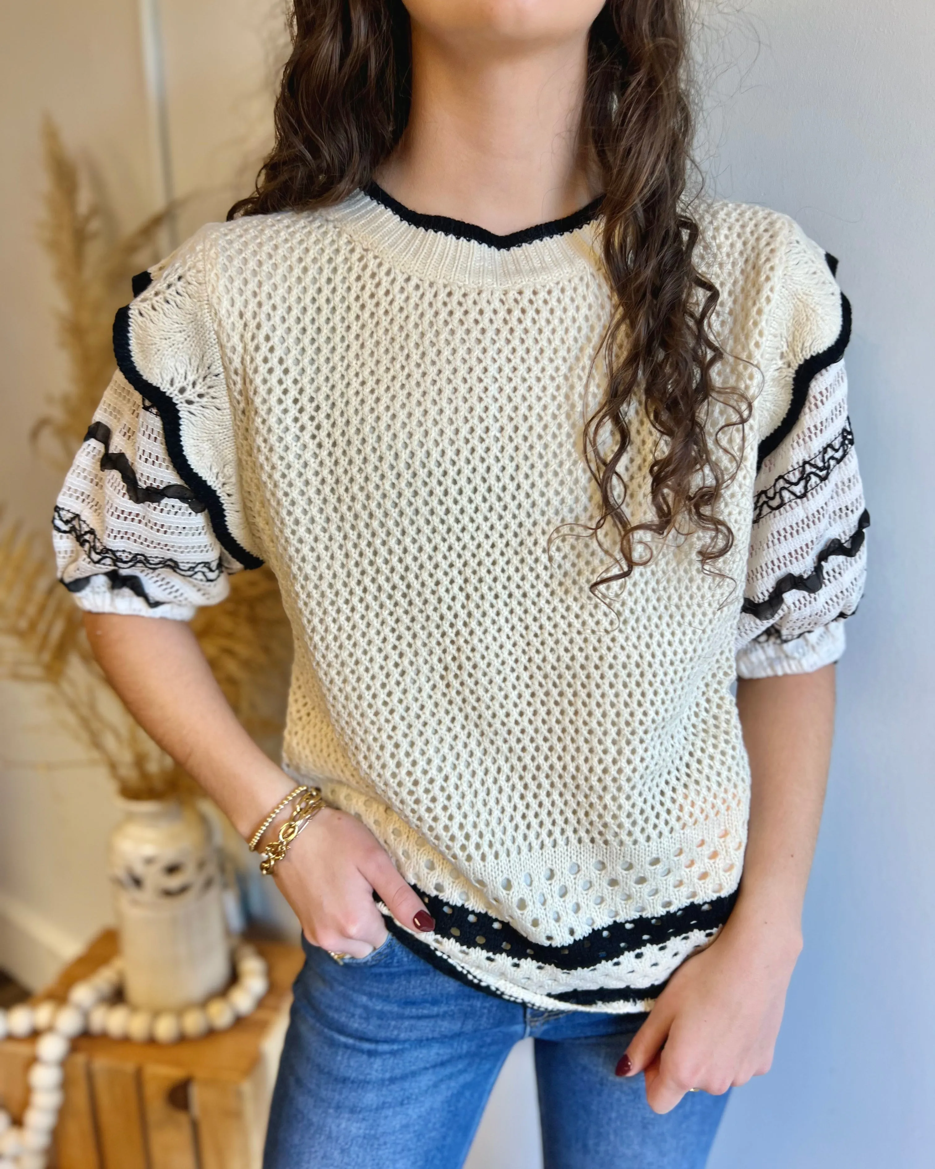 Elegant Charm Cream Contrasting Puff Sleeve Knit Woven Top