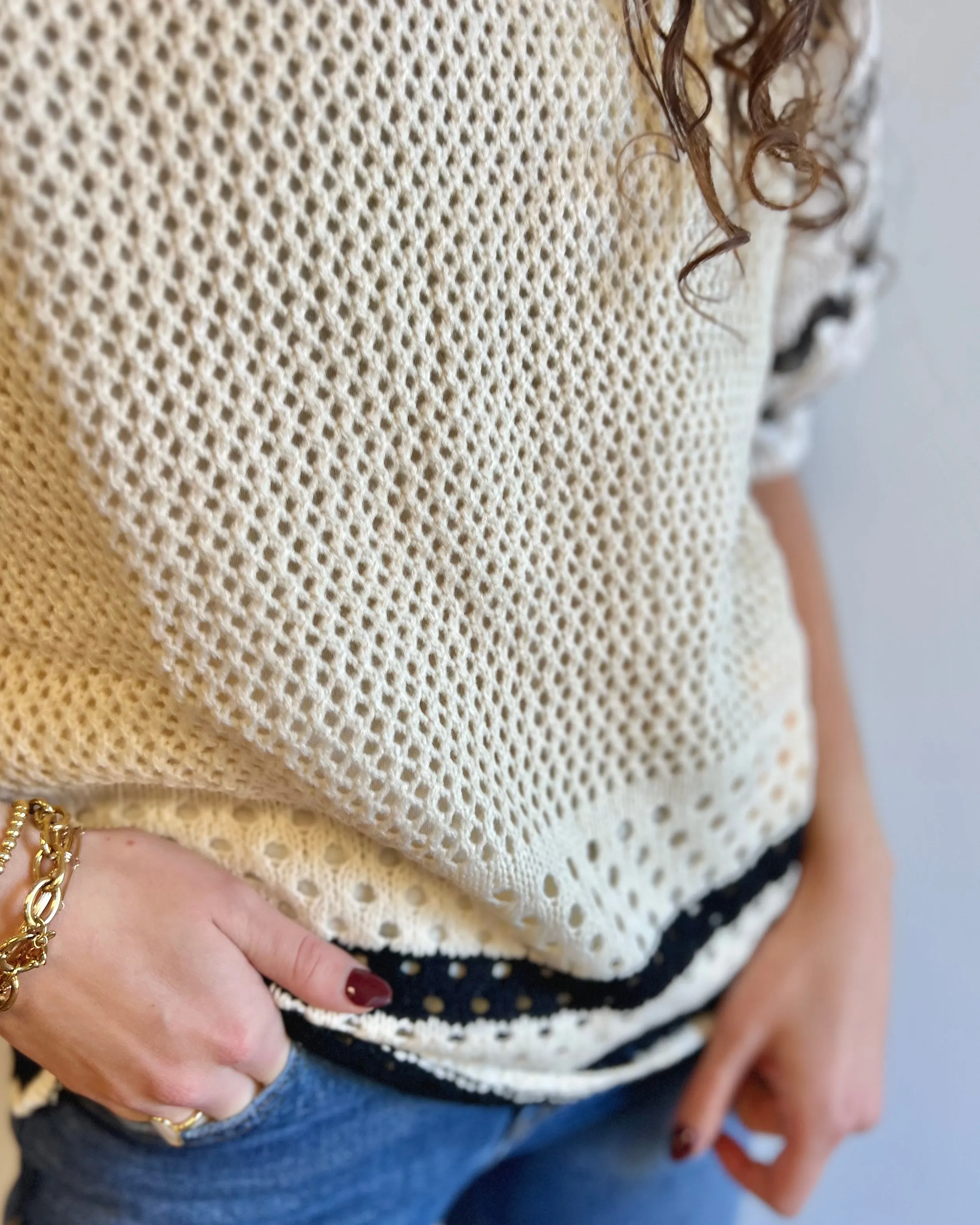 Elegant Charm Cream Contrasting Puff Sleeve Knit Woven Top