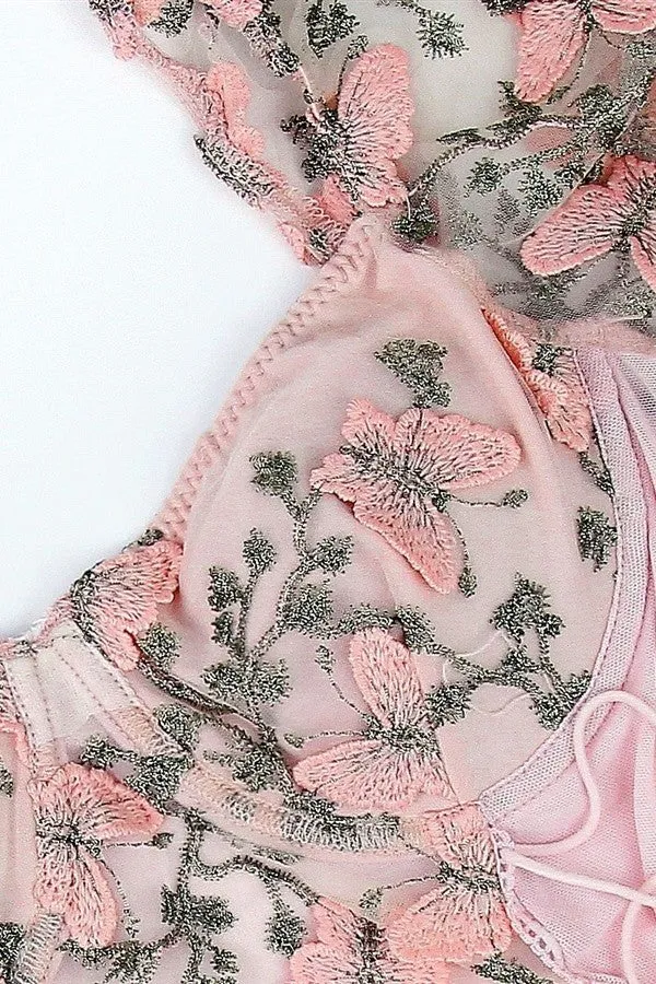 Embroidered Puff Sleeve Mesh Top Pink