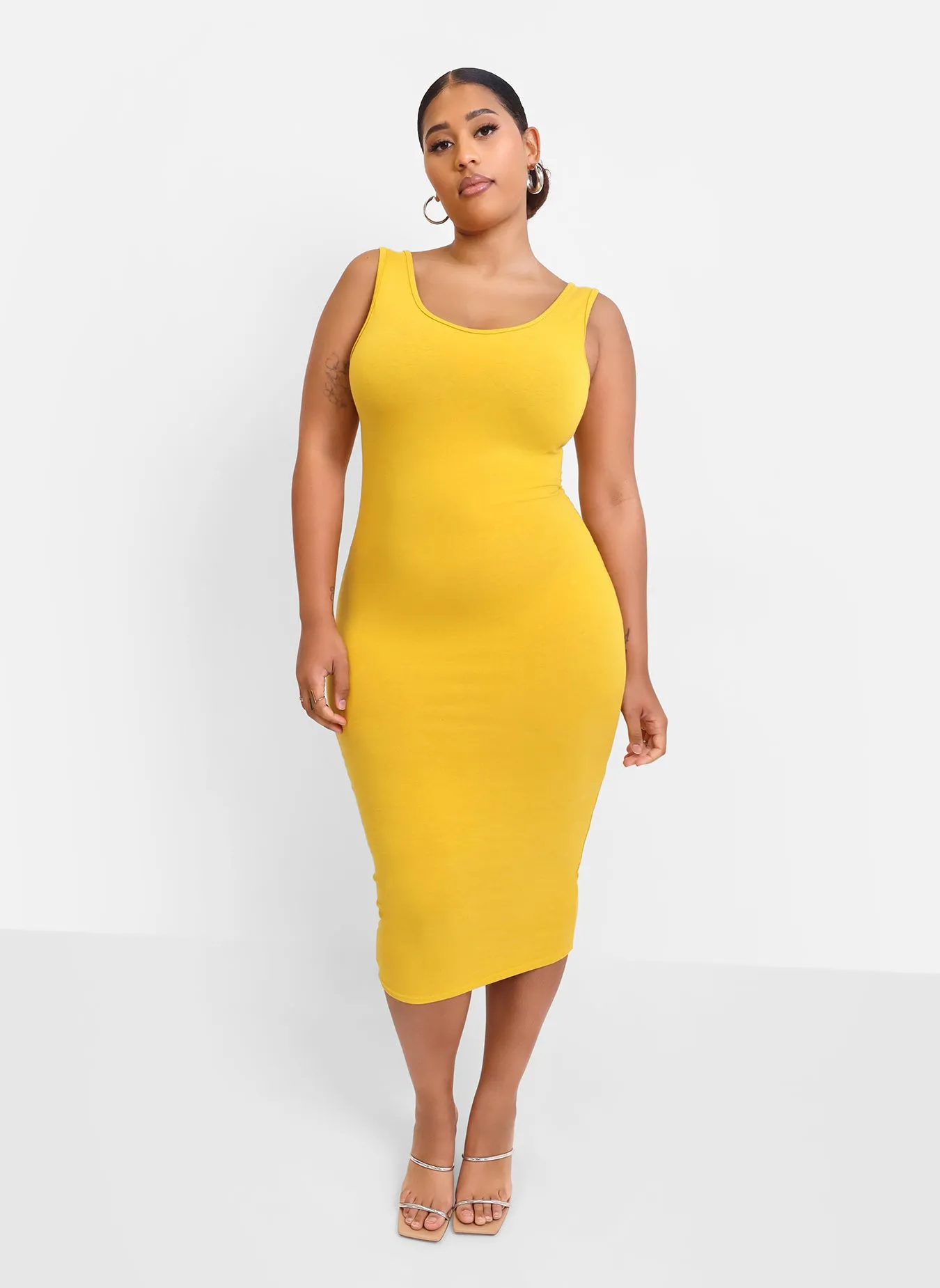 Essential Cotton Tank Bodycon Midi  Dress - Mustard