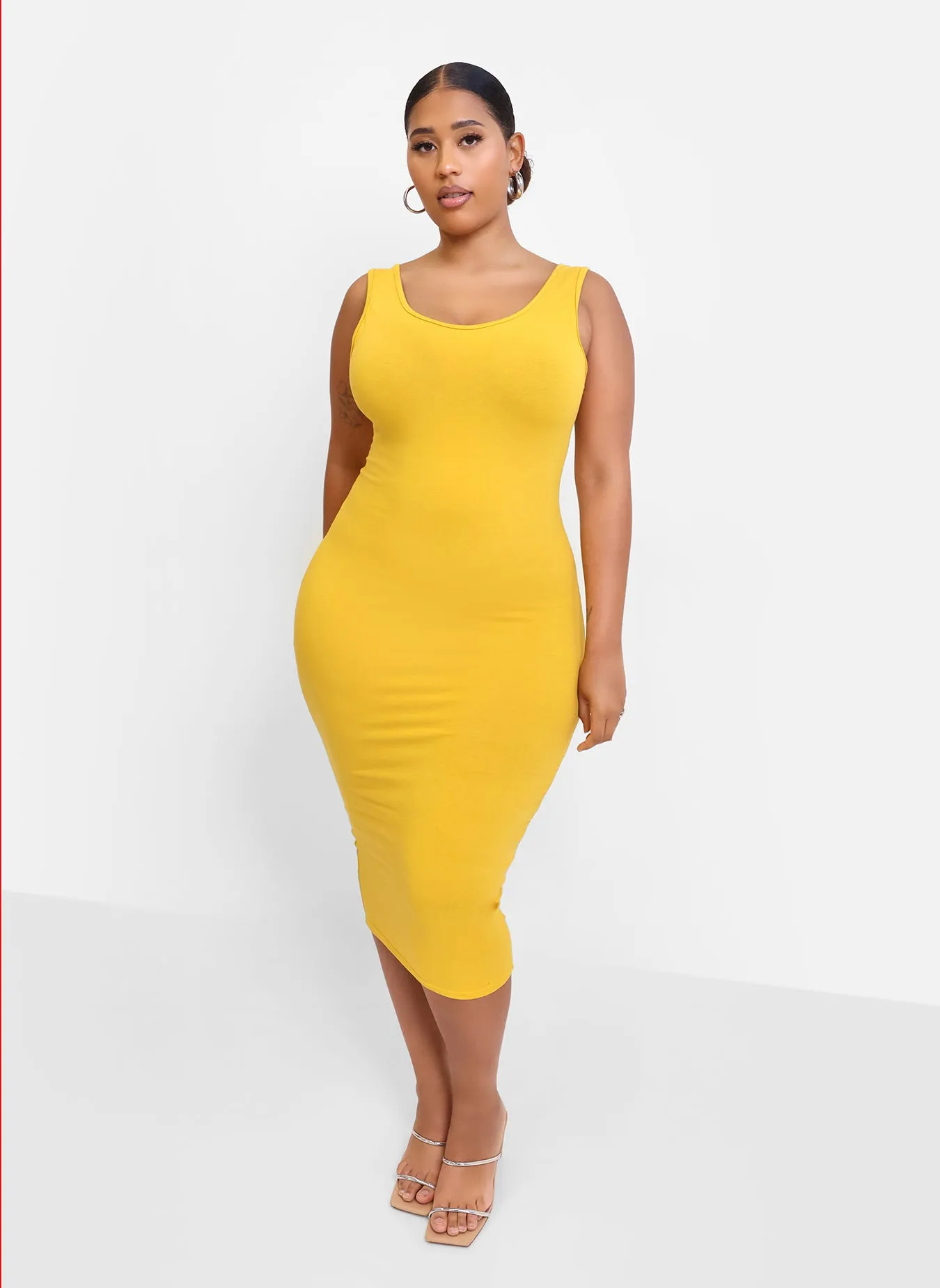 Essential Cotton Tank Bodycon Midi  Dress - Mustard