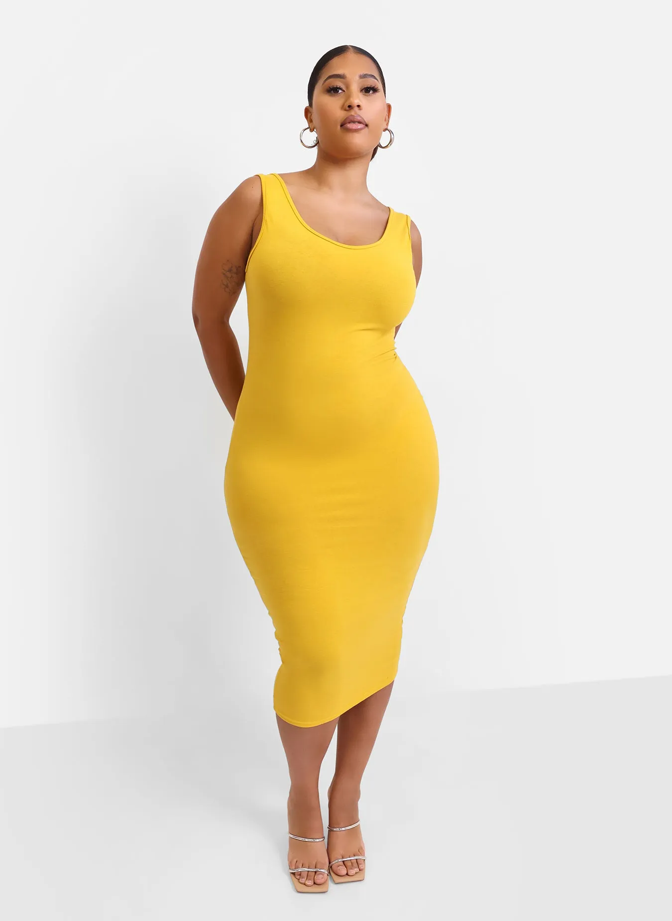 Essential Cotton Tank Bodycon Midi  Dress - Mustard