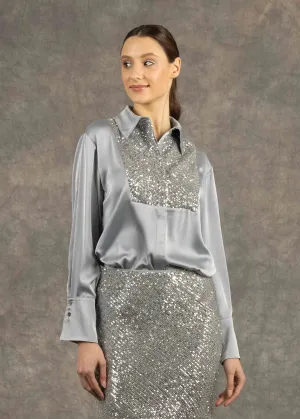 Valentina Silver Satin Shirt with Sequin Detailing by Fee G