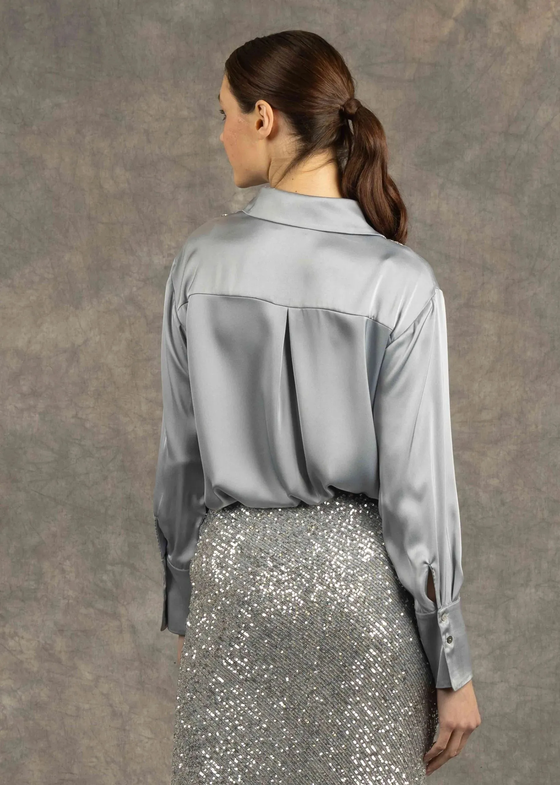 Valentina Silver Satin Shirt with Sequin Detailing by Fee G