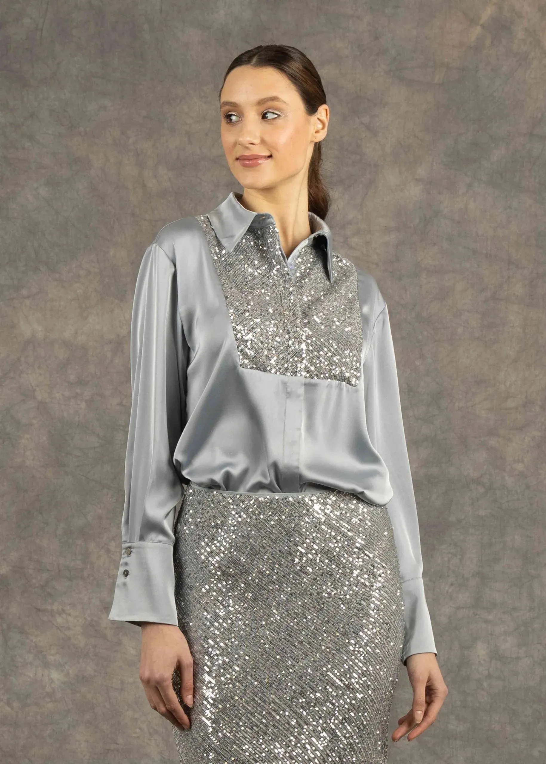 Valentina Silver Satin Shirt with Sequin Detailing by Fee G