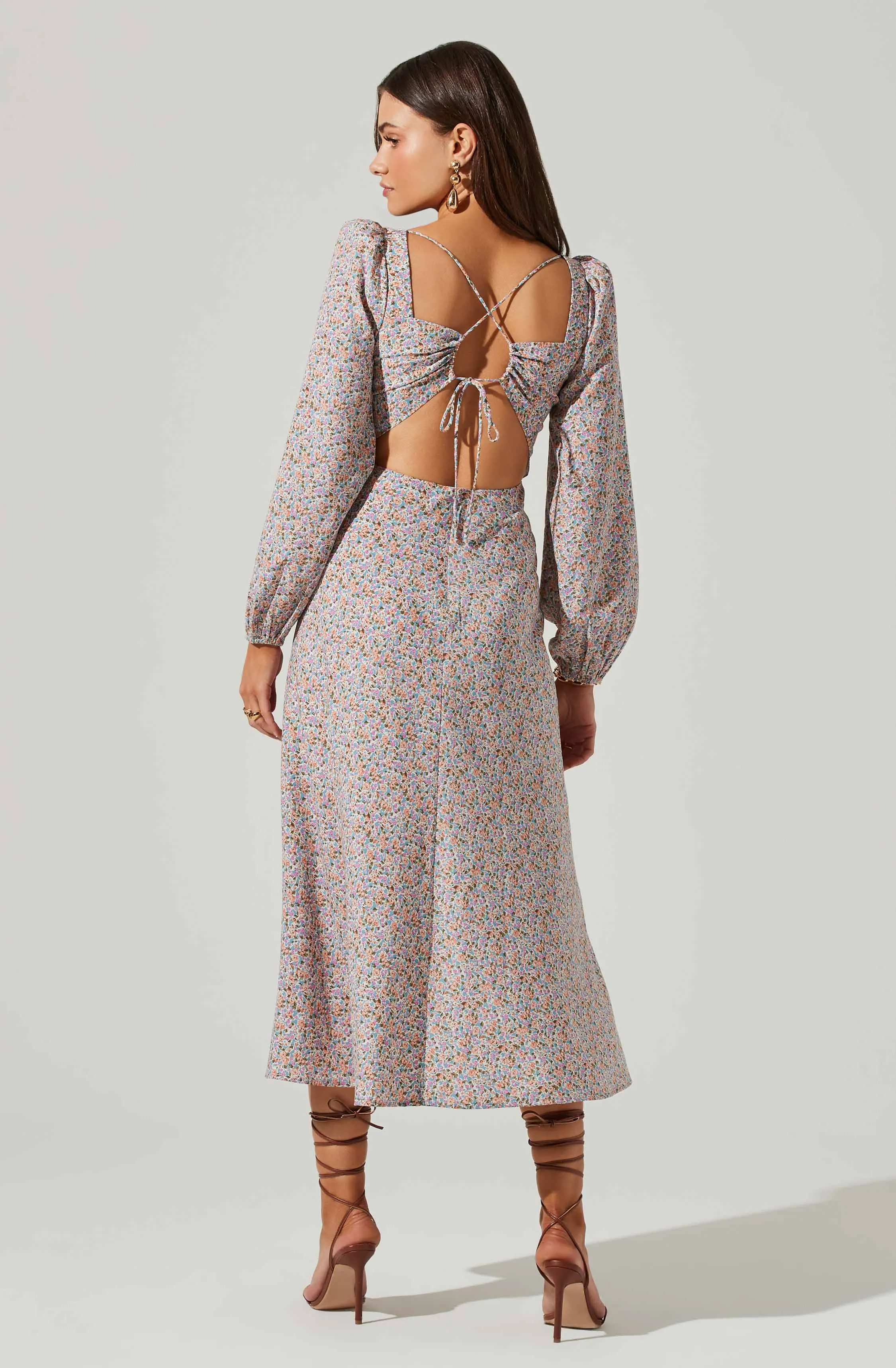 Floral Long Sleeve Back Cut Out Midi Dress