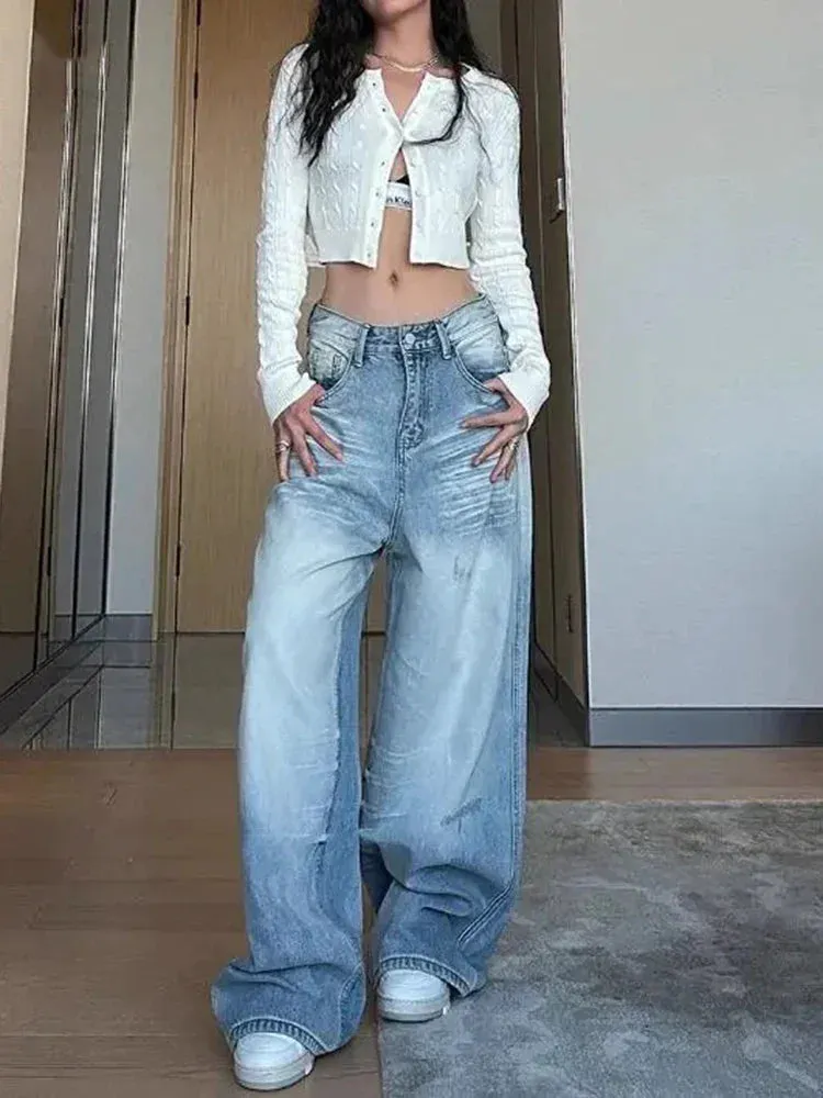 Girlary American Retro Loose Women's Blue Jeans Y2K Classic Straight Barrel Waist Slim Fit Korean Style Casual Women Jeans for Autumn