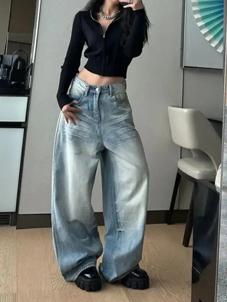 Girlary American Retro Loose Women's Blue Jeans Y2K Classic Straight Barrel Waist Slim Fit Korean Style Casual Women Jeans for Autumn