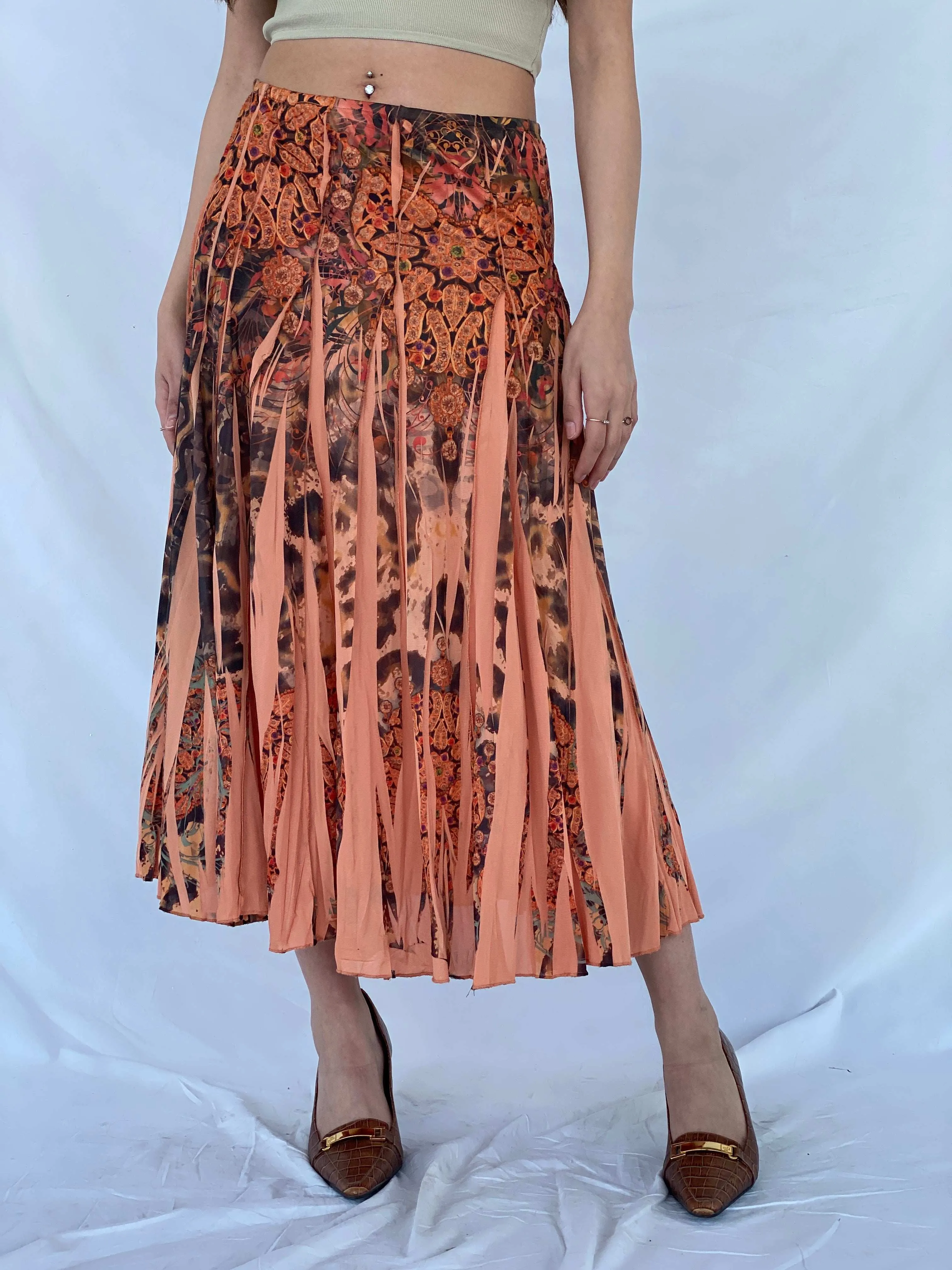 Gorgeous Vintage Orange Boho Print Midi Skirt