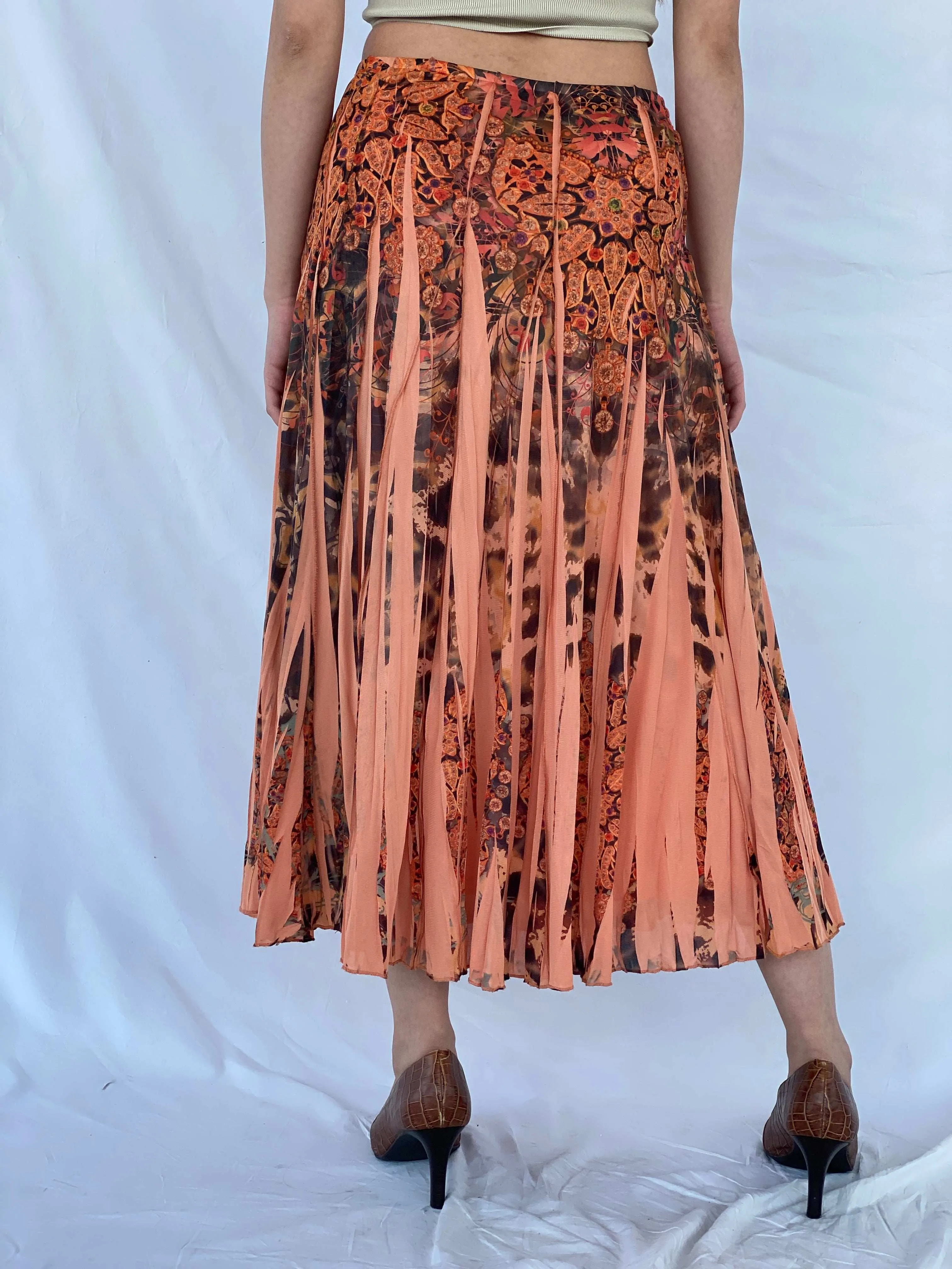 Gorgeous Vintage Orange Boho Print Midi Skirt