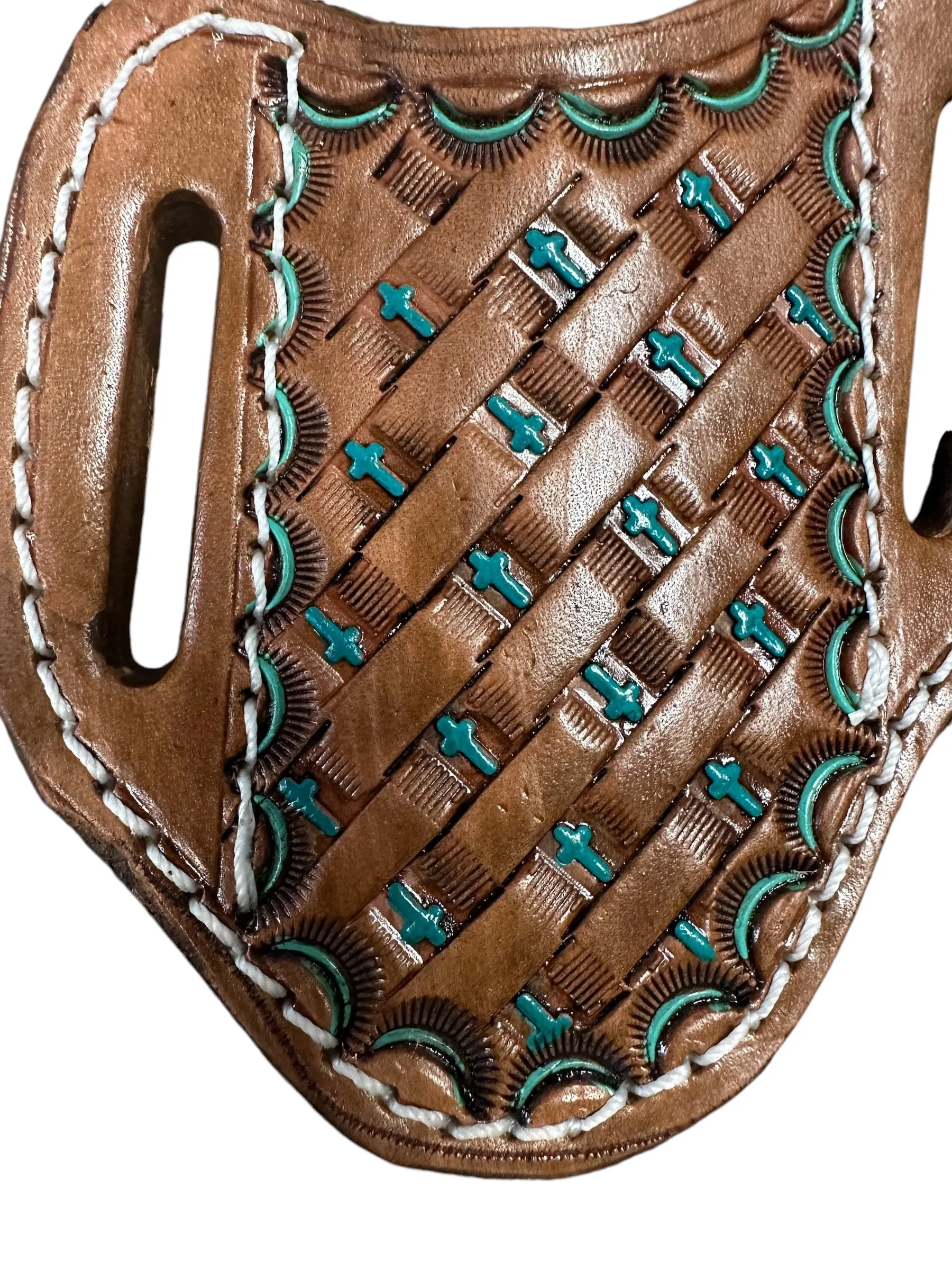 Hand tooled and painted cross basket weave pancake knife sheath