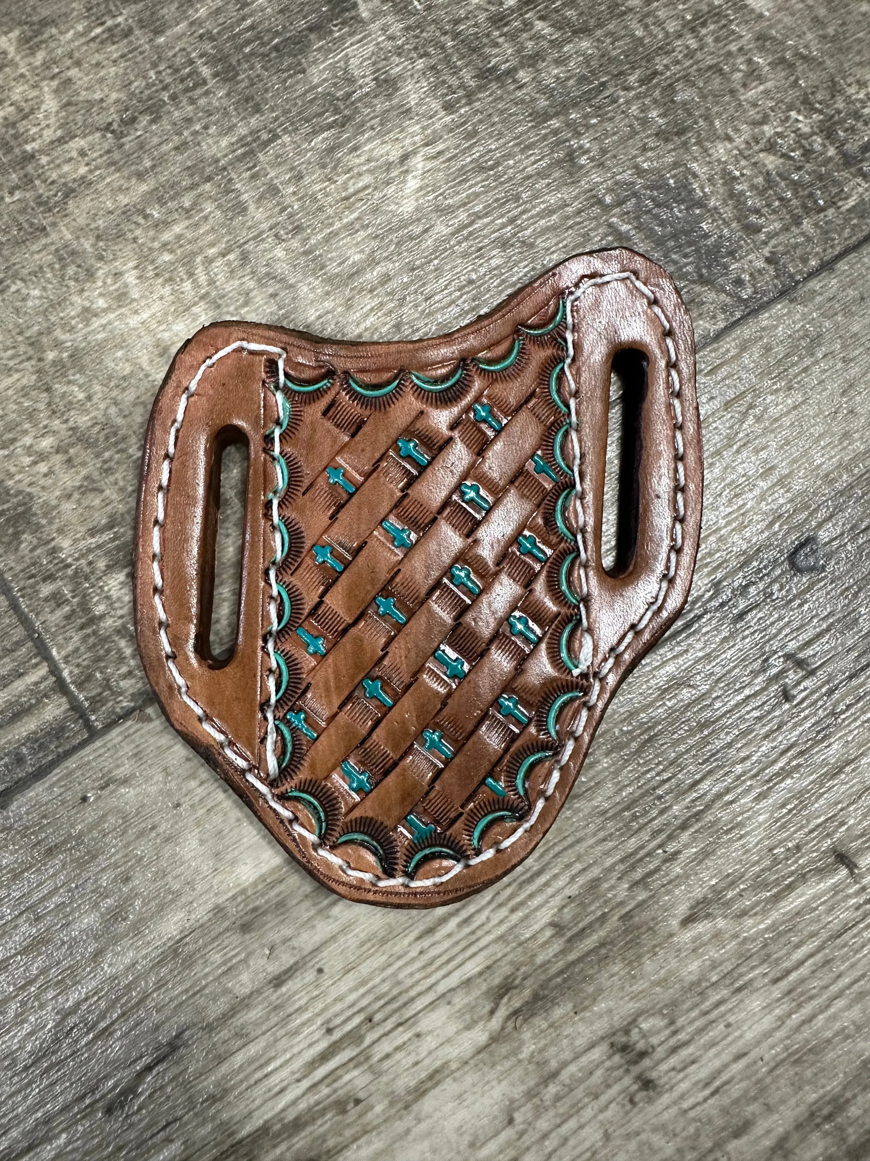 Hand tooled and painted cross basket weave pancake knife sheath