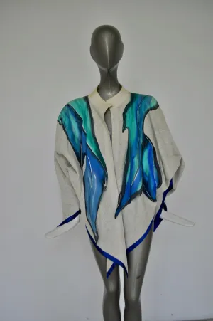 Handpainted silk jacket kaftan style dupion silk and linen 70s