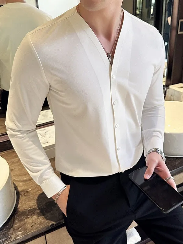 High-Texture Waffle V-neck Long Sleeve Shirt for Men