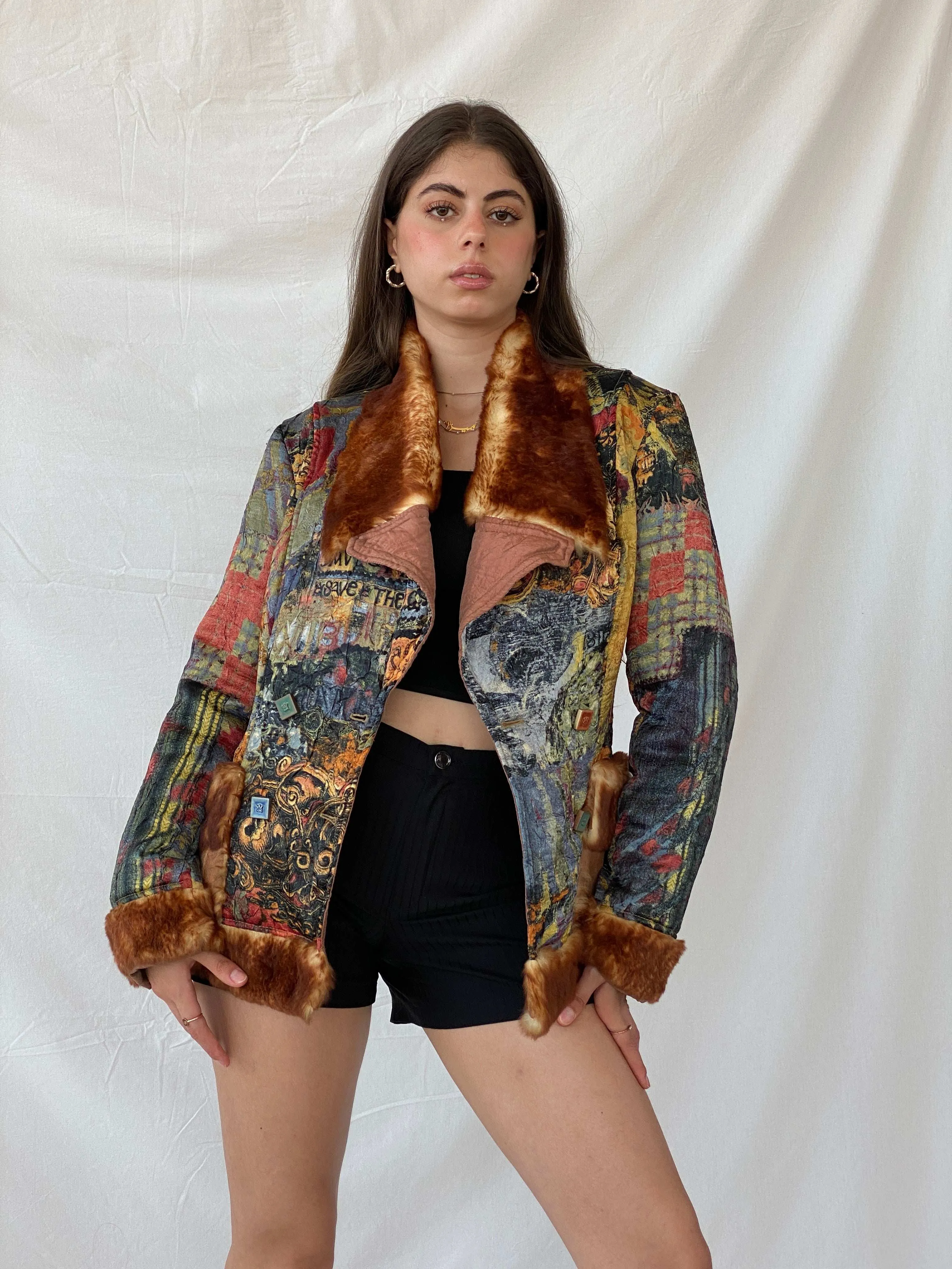 Insane Save The Queen Faux Fur Boho Printed Jacket - M