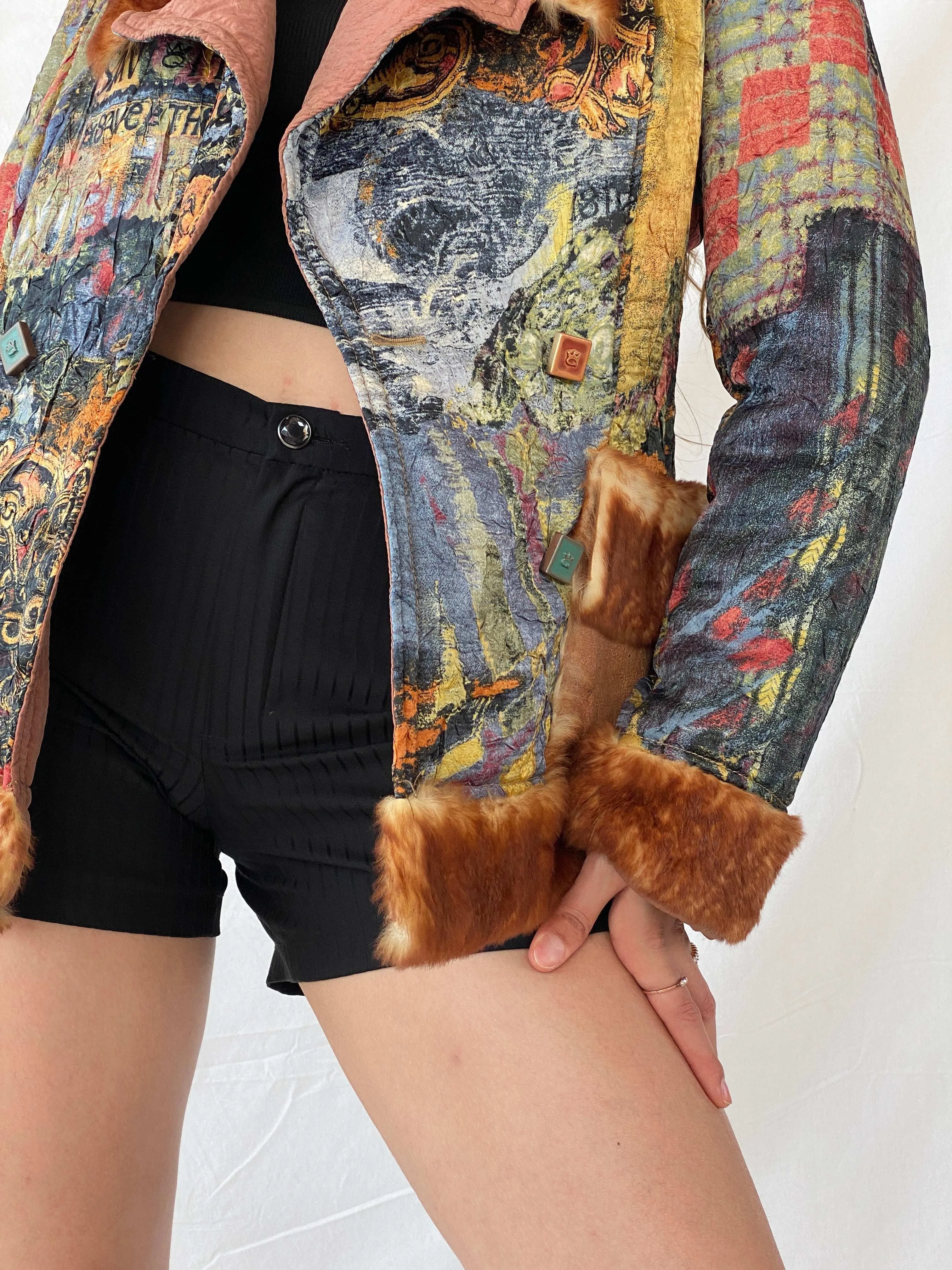 Insane Save The Queen Faux Fur Boho Printed Jacket - M