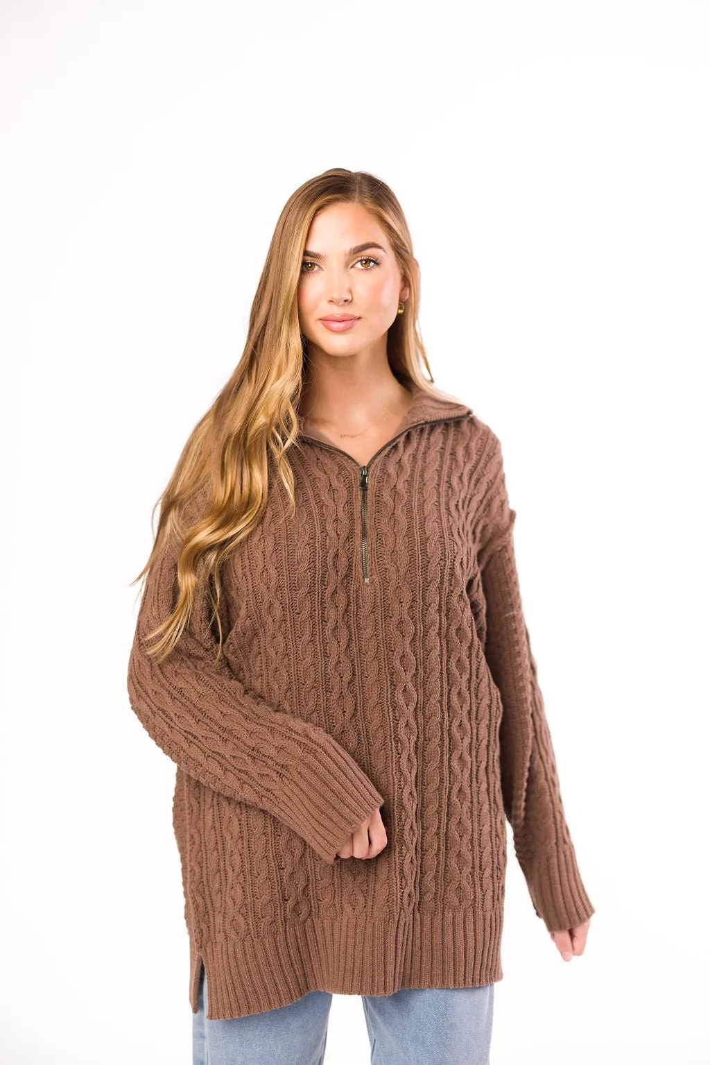 Jenna Cable-Knit Mini Sweater Dress in Espresso