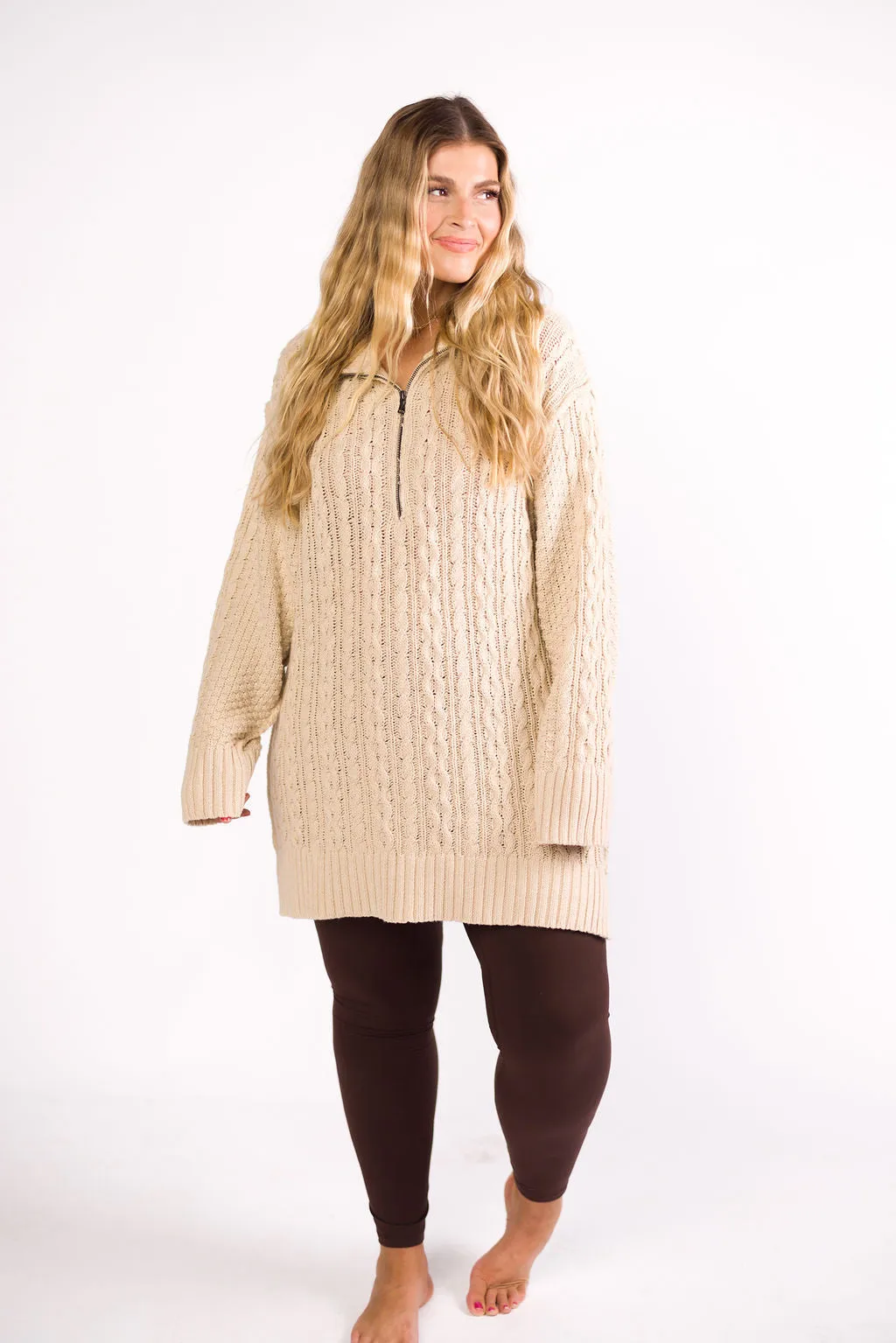 Jenna Cable-Knit Mini Sweater Dress in Oatmeal