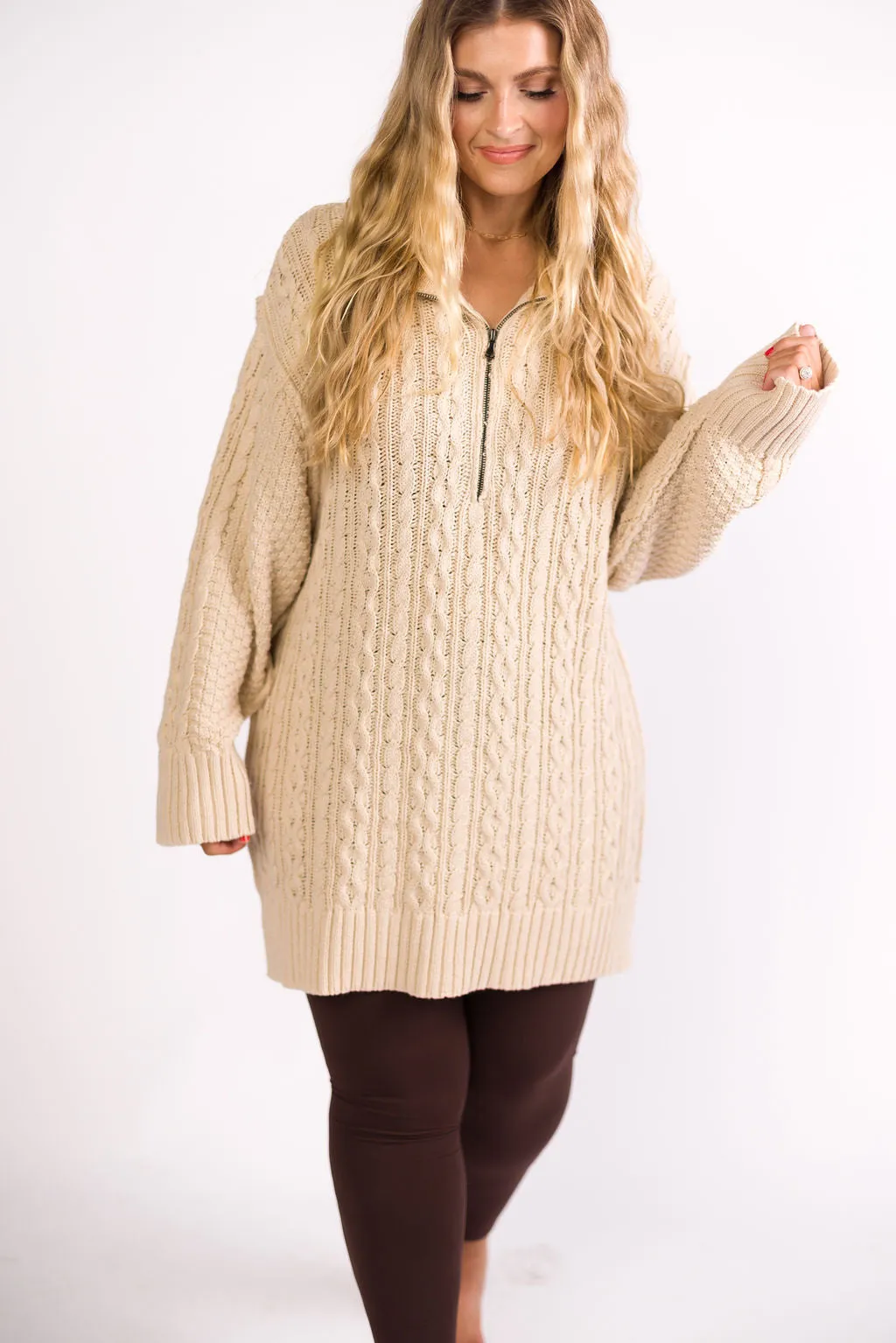 Jenna Cable-Knit Mini Sweater Dress in Oatmeal