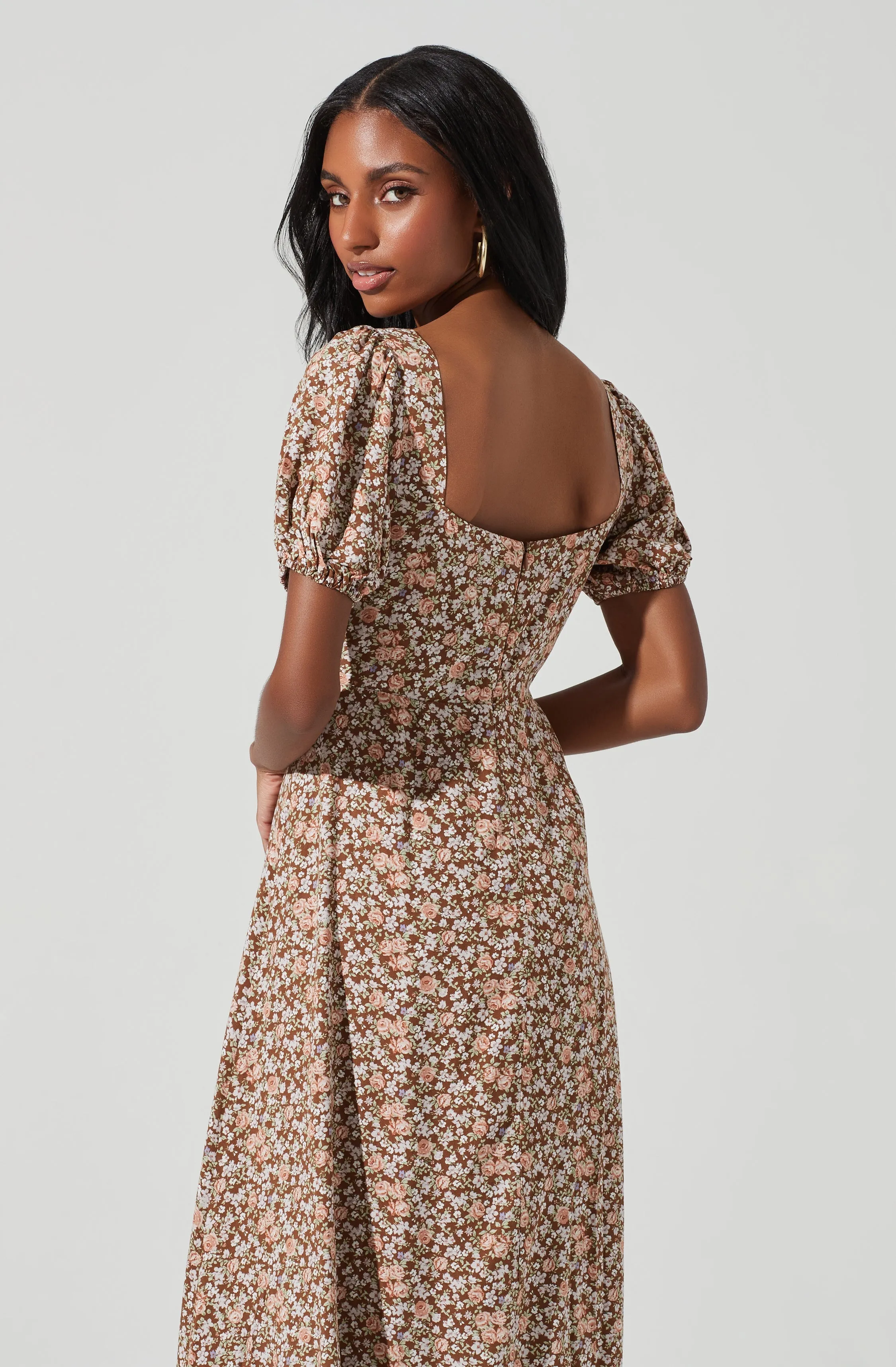 Lace Up Puff Sleeve Floral Midi Dress