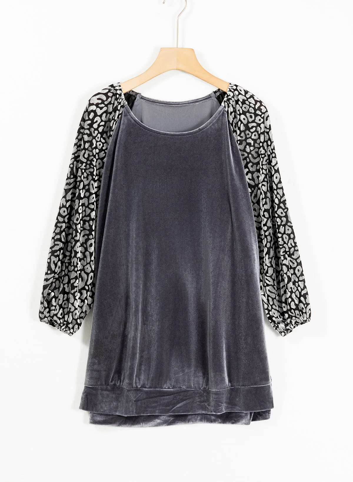 Leopard Splicing Lantern Sleeve Velvet Blouse