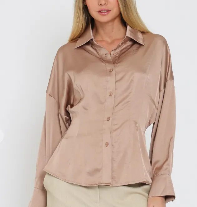 Long Sleeve Elastic Back-Waisted Satin Top