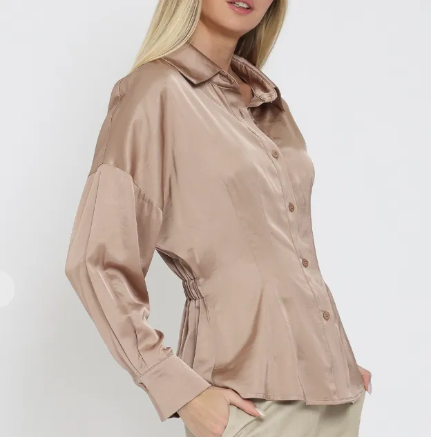 Long Sleeve Elastic Back-Waisted Satin Top