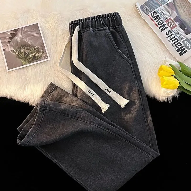 LVSANW 2024 New Spring And Winter Wide-leg Jeans Women Loose Straight Leg All Draped Trousers Students High-waisted Nine-point Pants