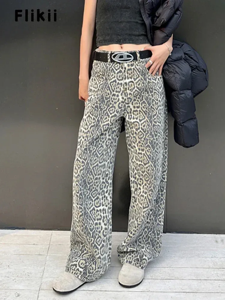 LVSANW American Retro Leopard High Waist Baggy Jeans Women's Casual Pockets Hip-hop Pants 2024 Spring Y2K Oversiz Panther Denim Trouser