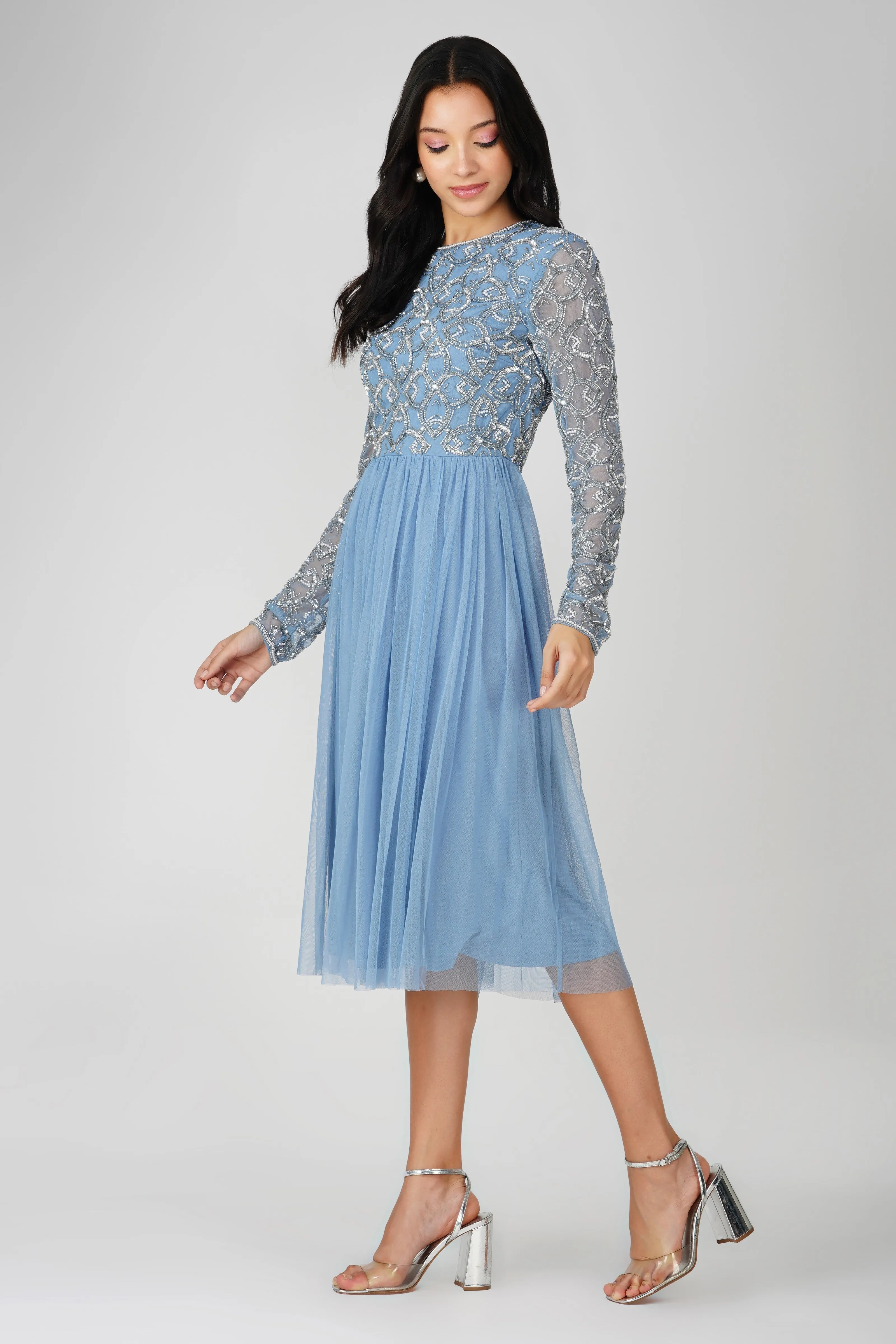 Mandarin Embellished Midi Dress in Powder Blue