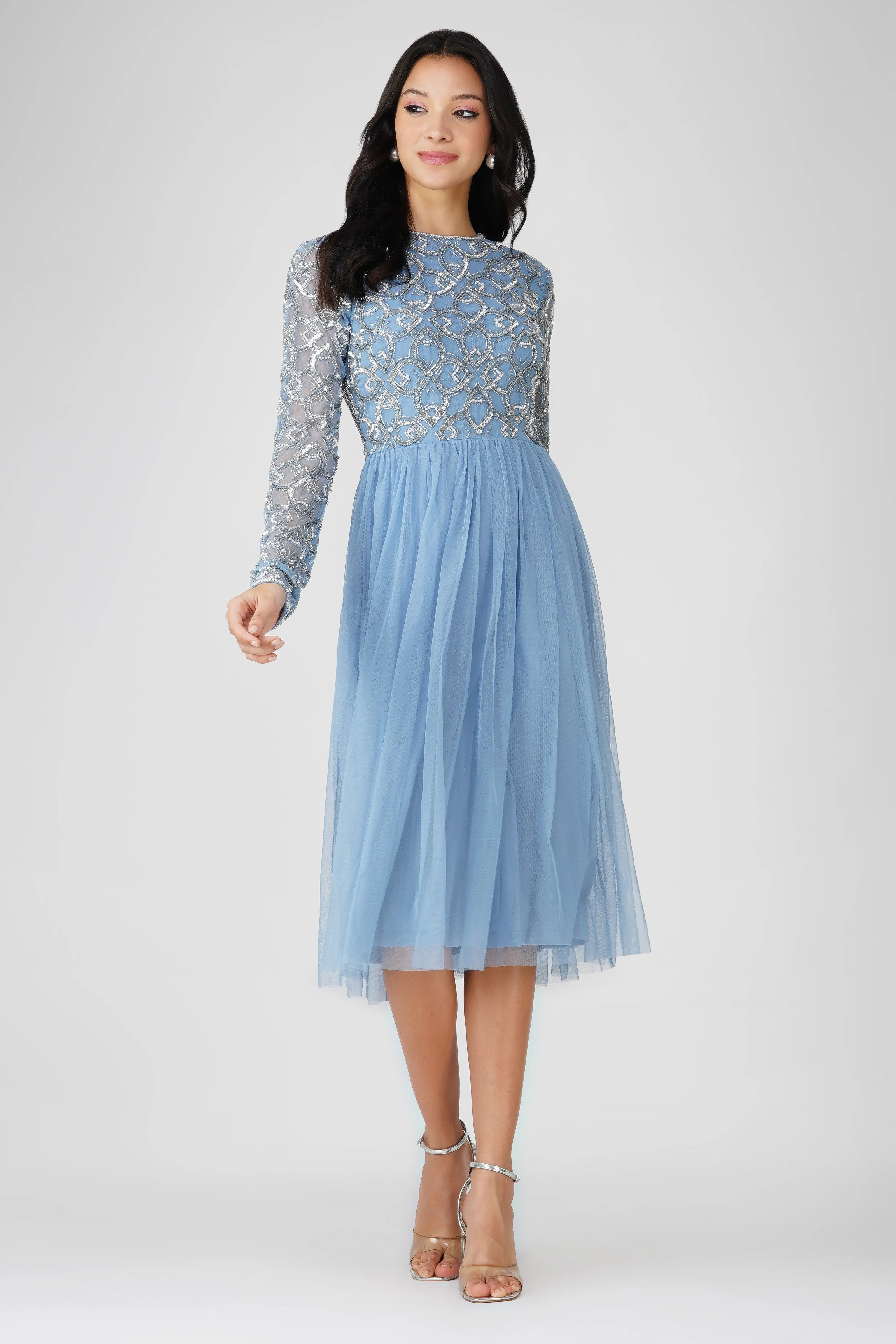 Mandarin Embellished Midi Dress in Powder Blue