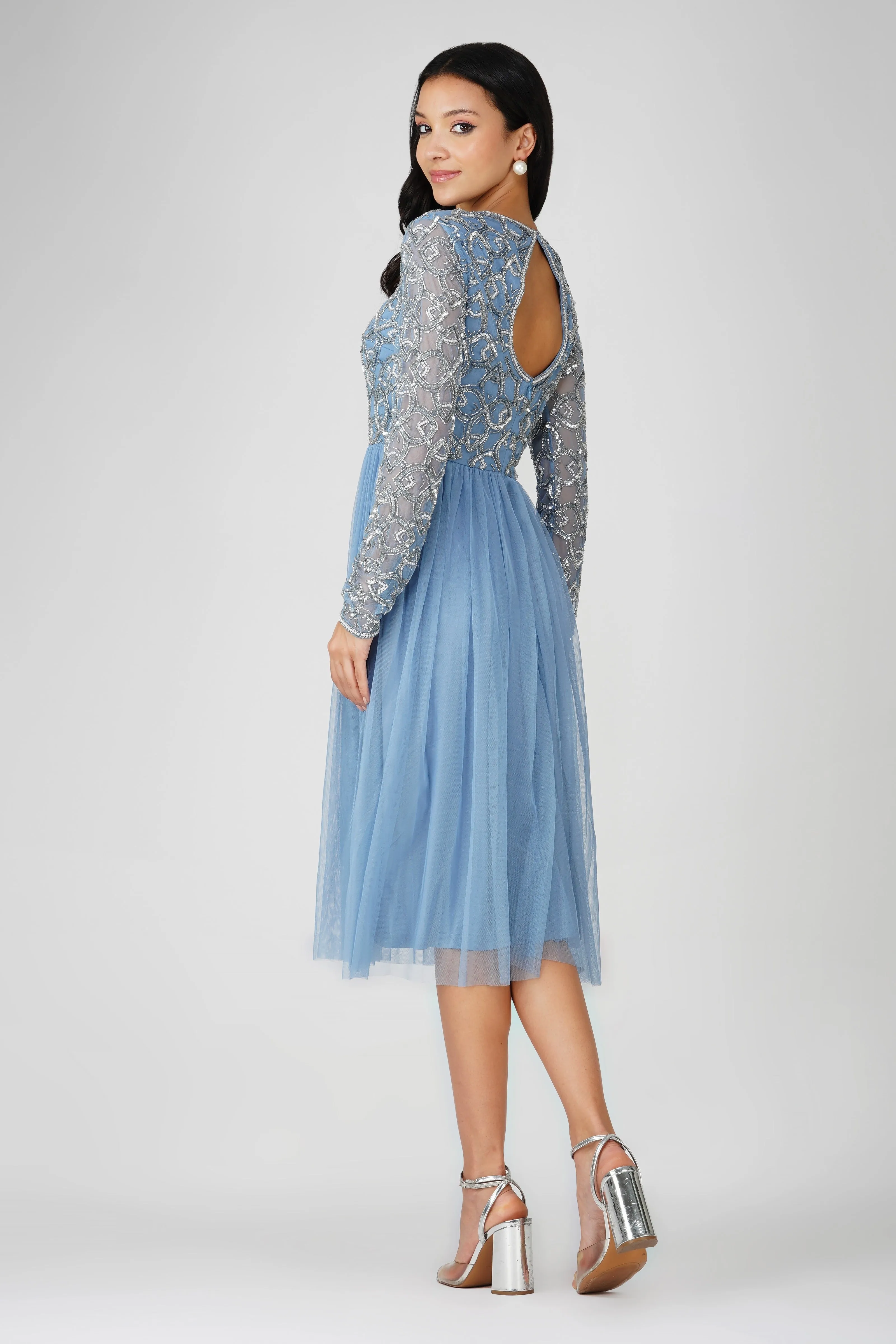 Mandarin Embellished Midi Dress in Powder Blue