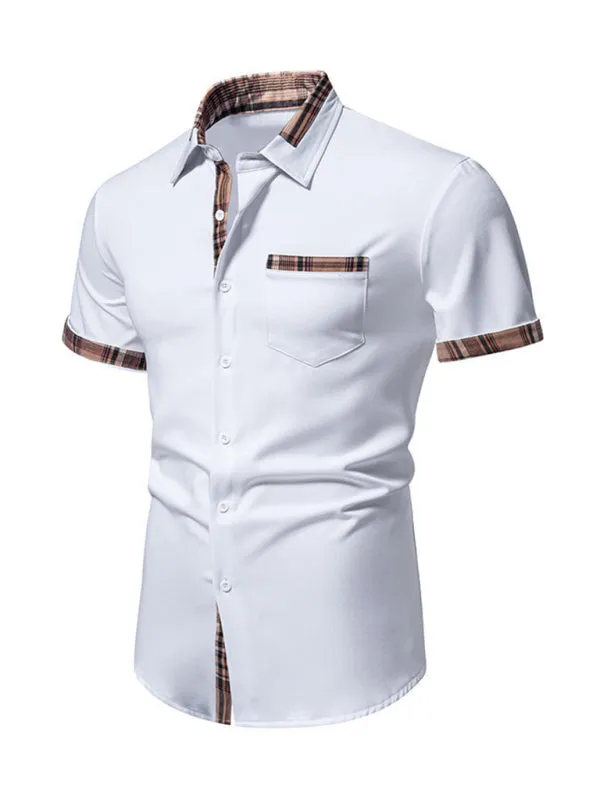 Men's Casual Collar Buttoned Plaid Color Block Short Sleeve Shirt