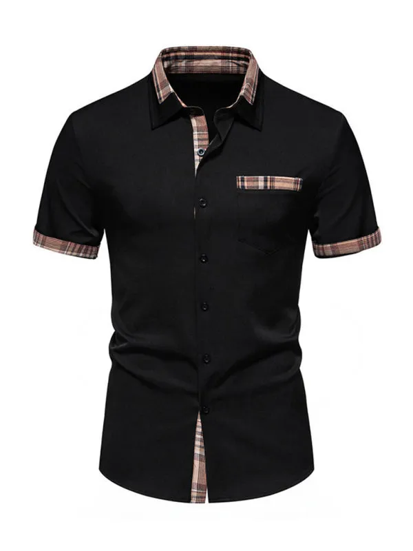 Men's Casual Collar Buttoned Plaid Color Block Short Sleeve Shirt