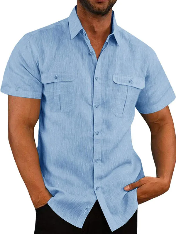 Men's Shirt Double Pocket Cotton Linen Short Sleeve Shirt Casual Vacation Shirt