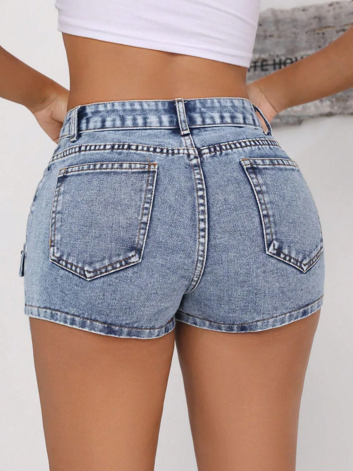 Mid-Rise Waist Denim Shorts with Pockets