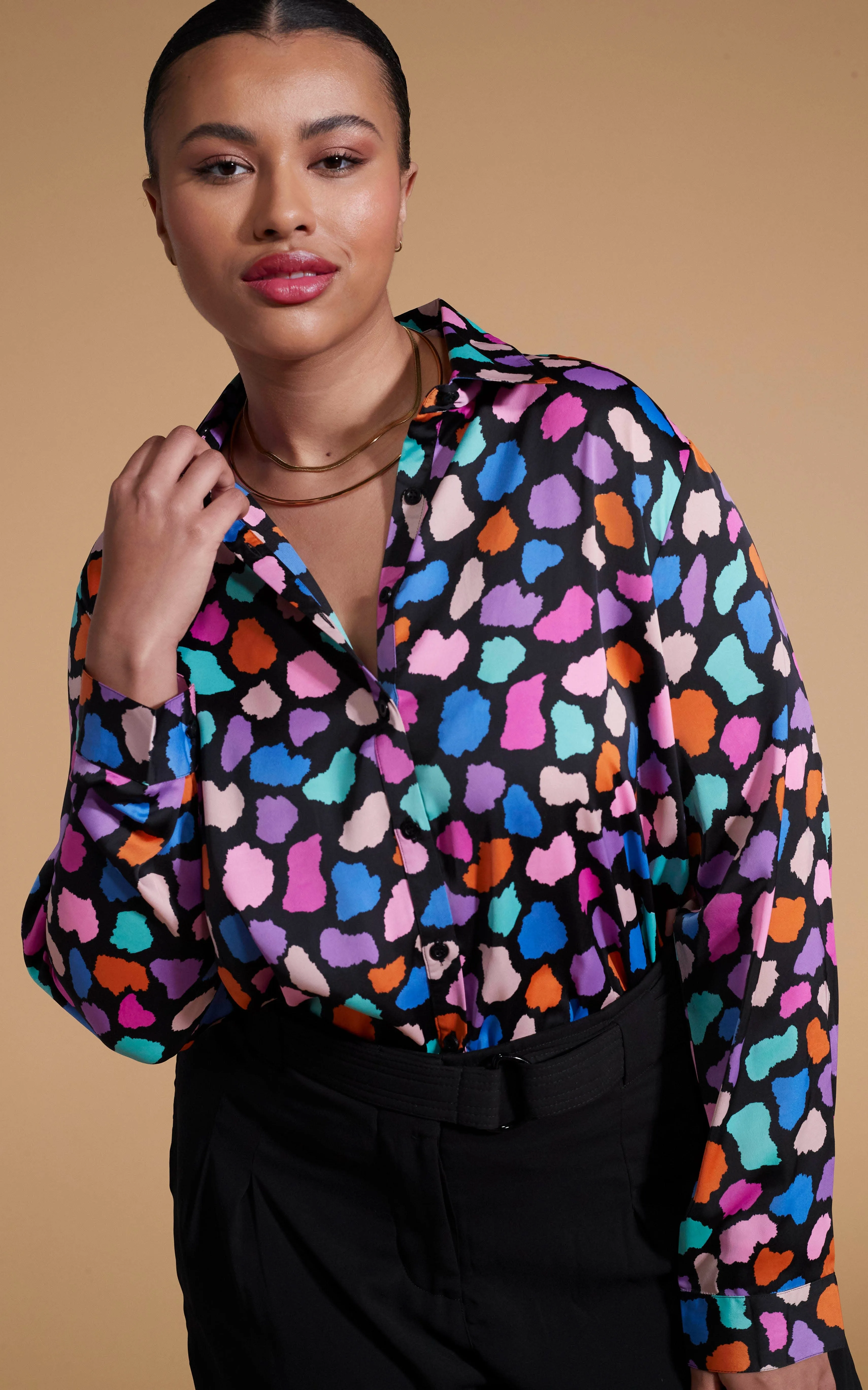 Nevada Satin Shirt In Multi Cloud - Extended Sizing