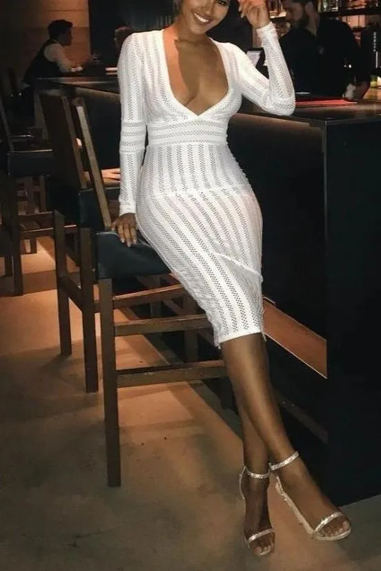 Olivia Long Sleeve Bandage Midi Dress - Pearl White