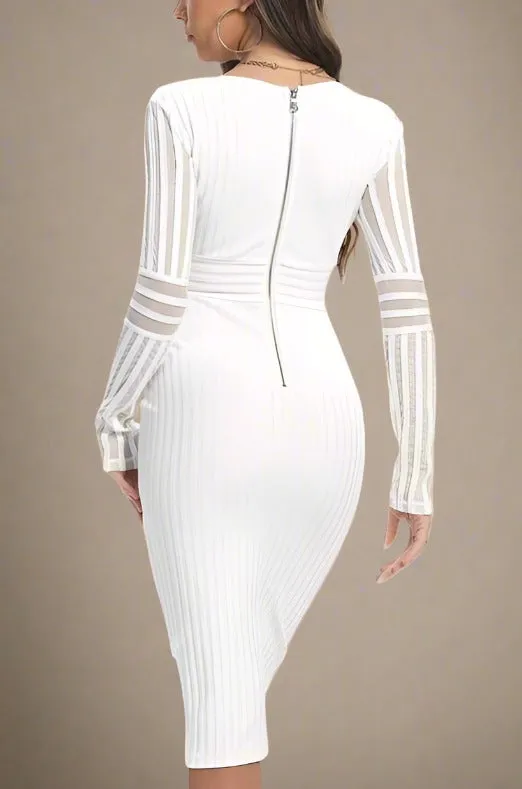 Olivia Long Sleeve Bandage Midi Dress - Pearl White