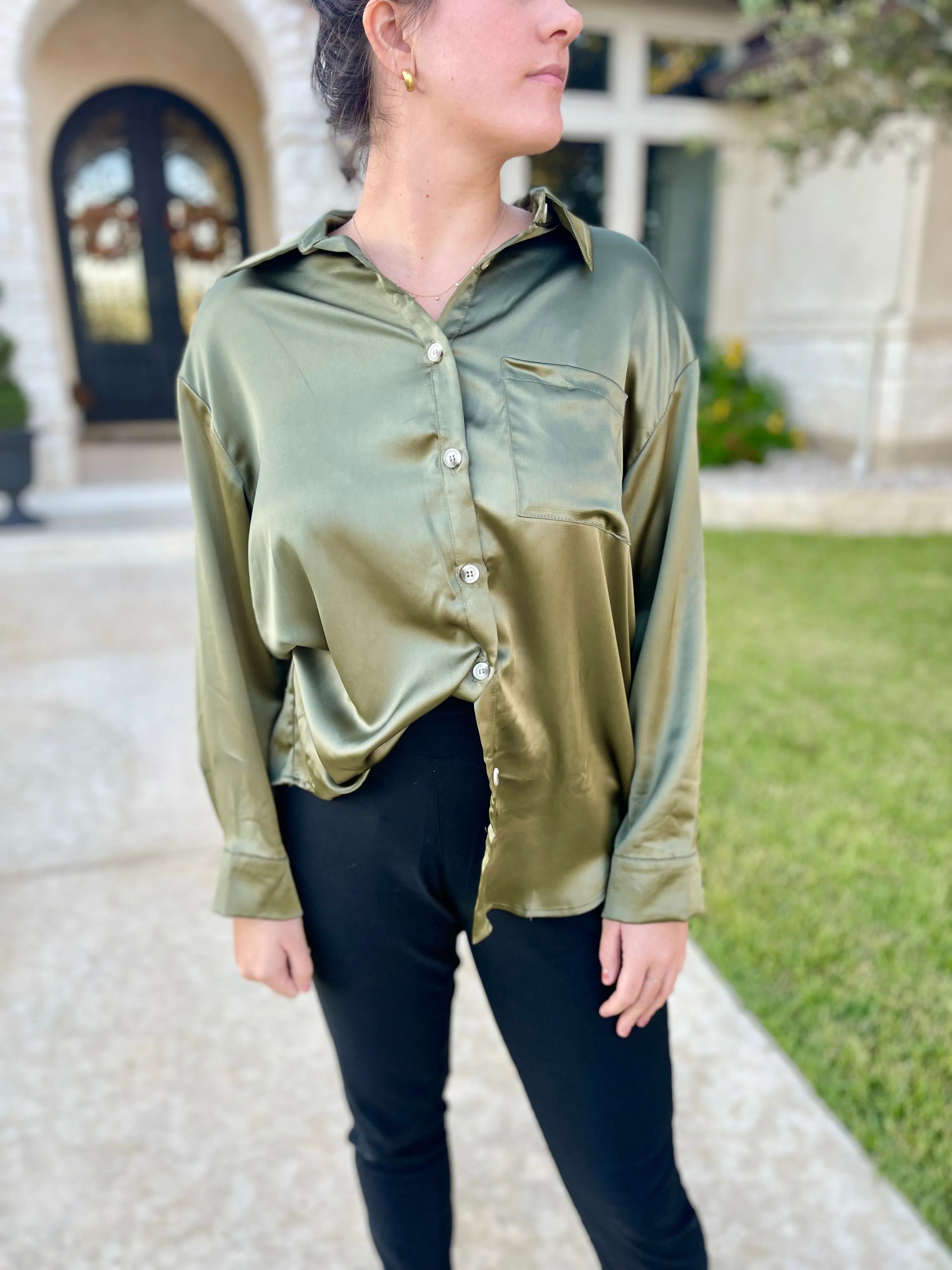 Oversized Satin Button Down Shirt in Olive~FINAL SALE