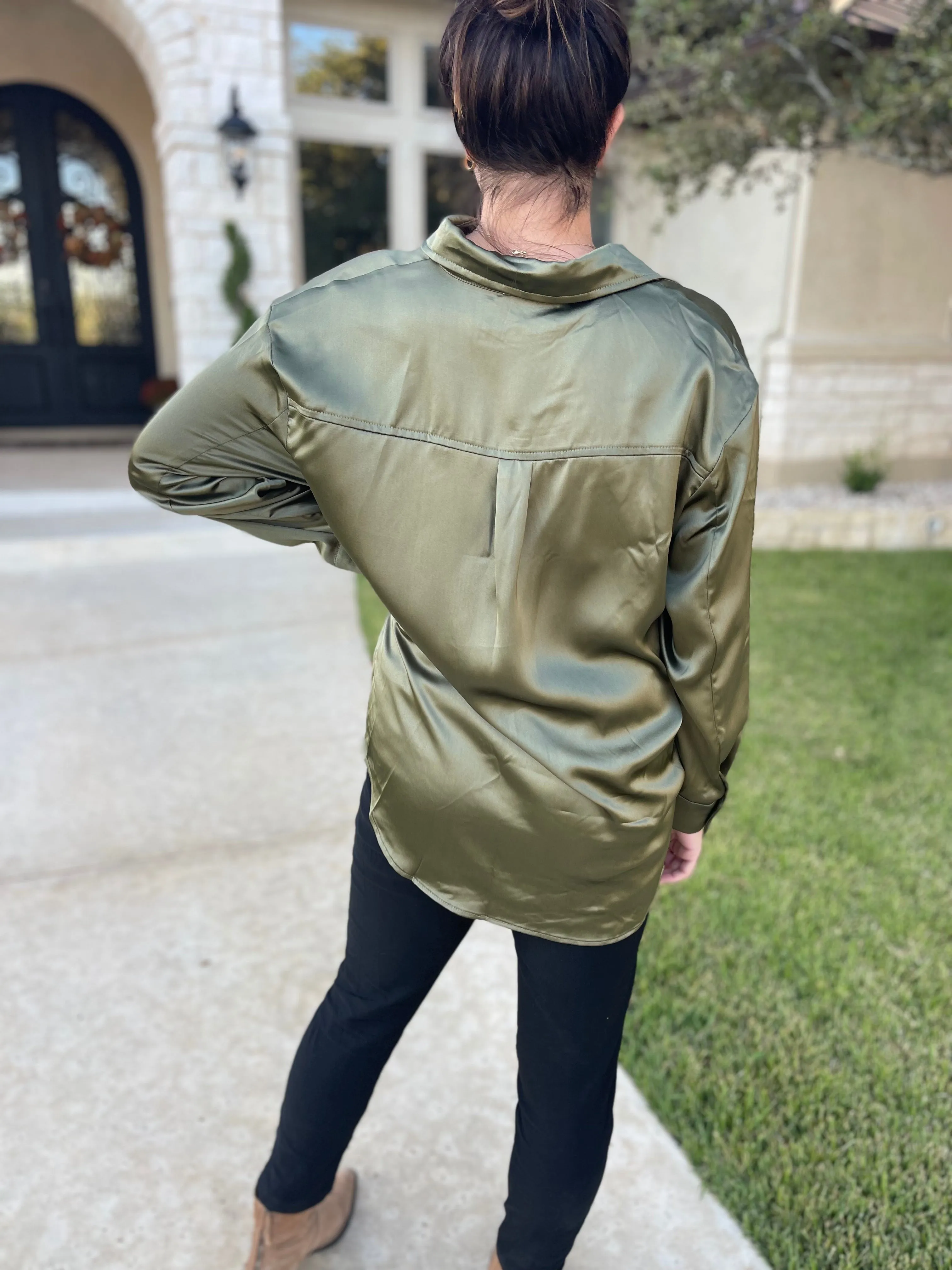 Oversized Satin Button Down Shirt in Olive~FINAL SALE