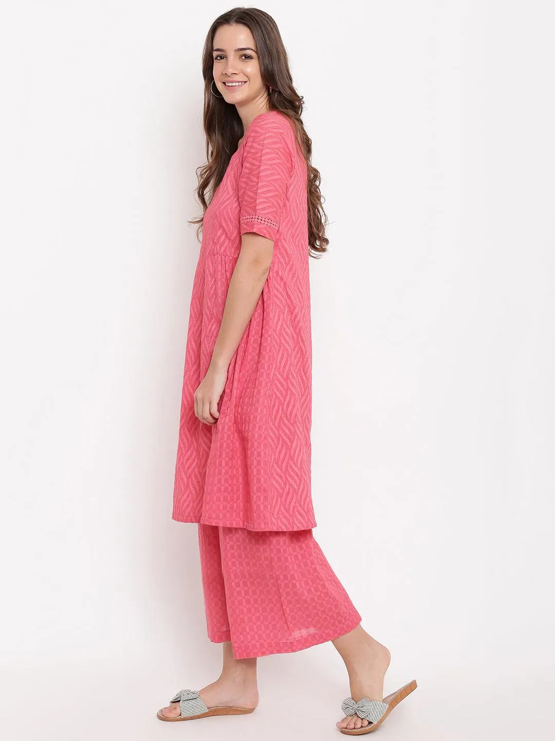 Pink Dobby Side Gathers Kurta-Palazzo