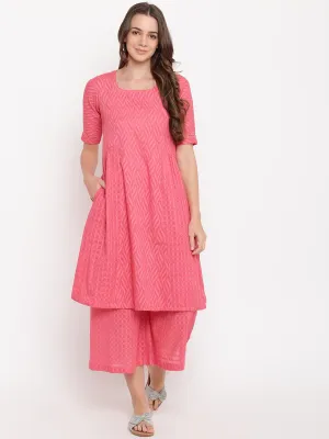 Pink Dobby Side Gathers Kurta-Palazzo