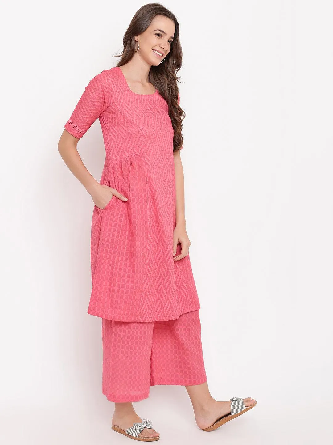 Pink Dobby Side Gathers Kurta-Palazzo