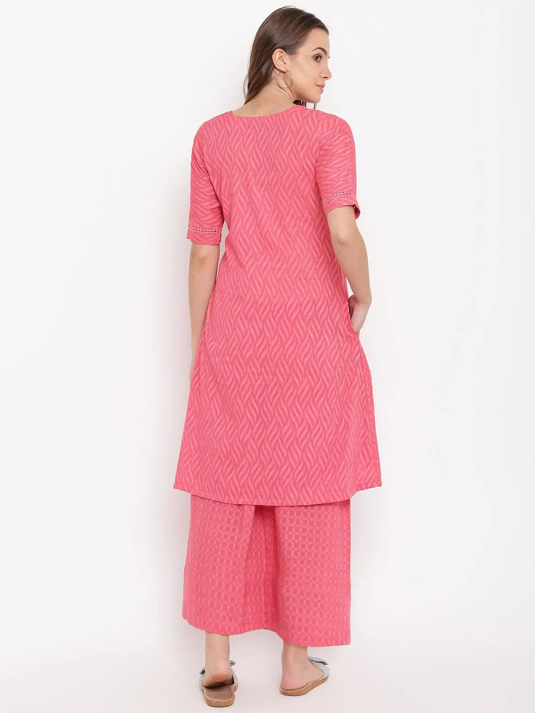 Pink Dobby Side Gathers Kurta-Palazzo