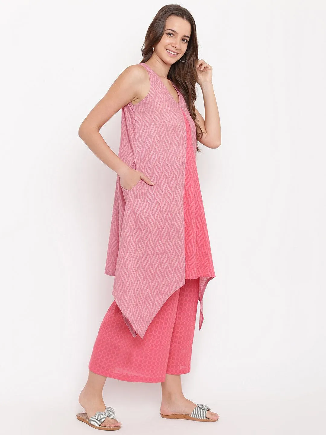 Pink Dobby V-Asymmetric Kurta- Contrast Palazzo