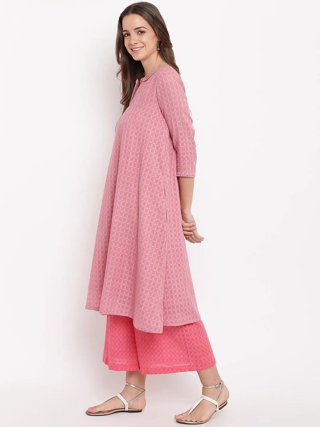 Pink Grid Dobby Kurta-Contrast Palazzo | Relove