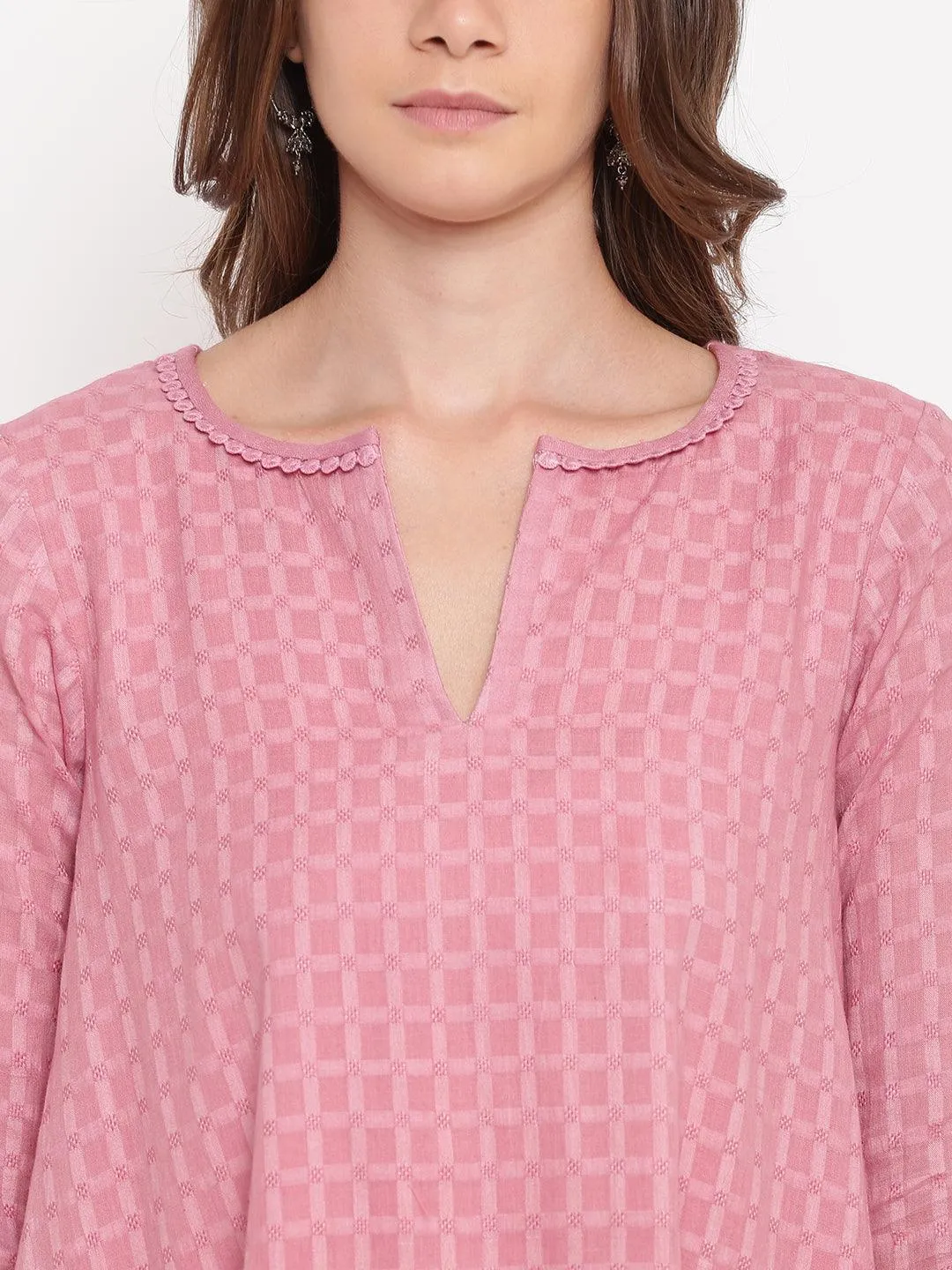 Pink Grid Dobby Kurta-Contrast Palazzo | Relove